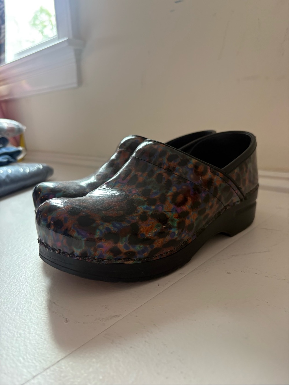 Dansko Leopard-Print Patent Clogs - Black with Multicolor Spots